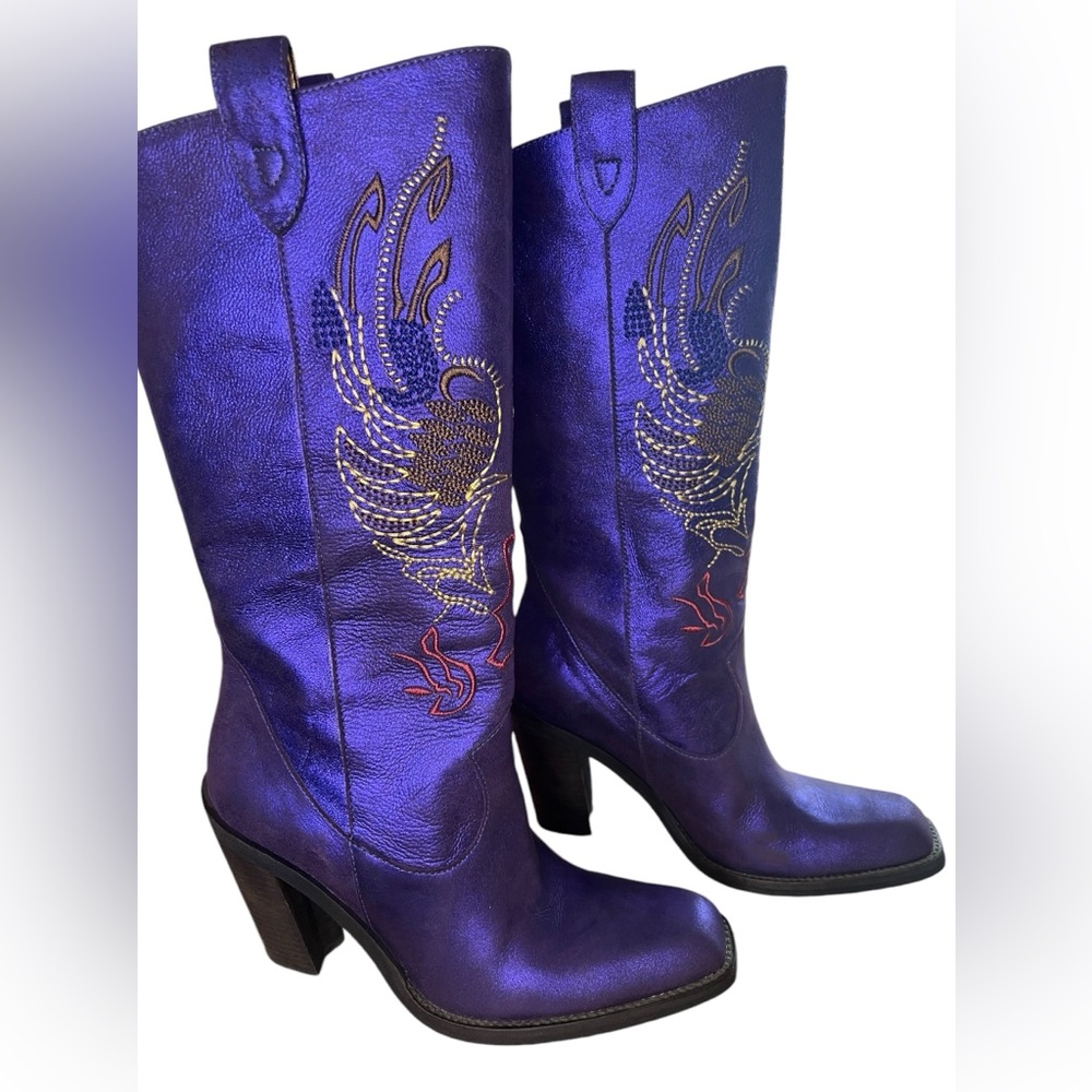 Gianni Bini Metallic Purple Embroidered Mid-Calf Heeled Boots